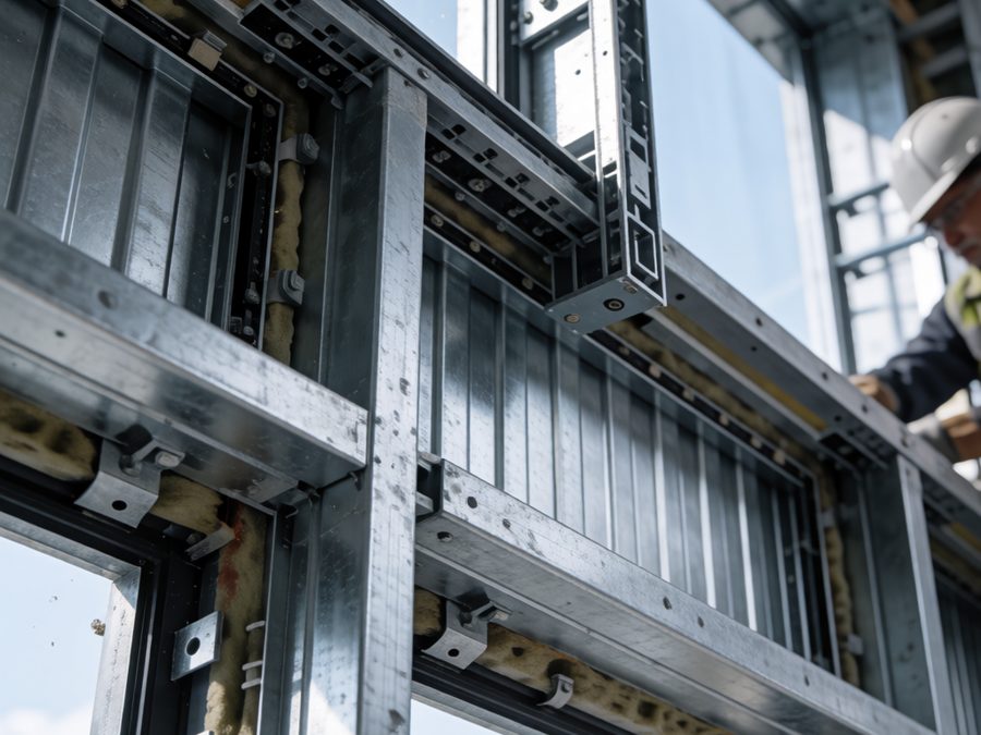 Curtain wall installation in progress on a commercial building