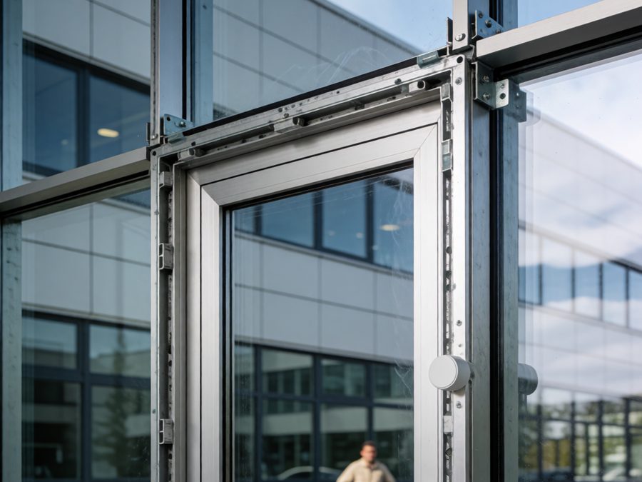 Curtain wall door frame integration detail on a commercial building