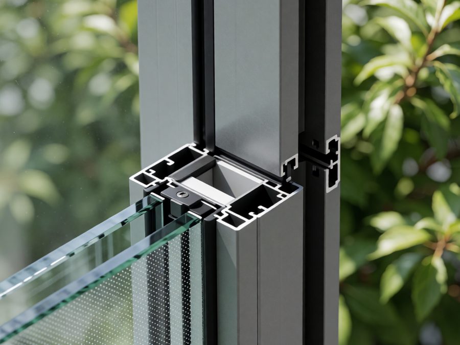 Close-up of glass bite and frit detail at a curtain wall mullion