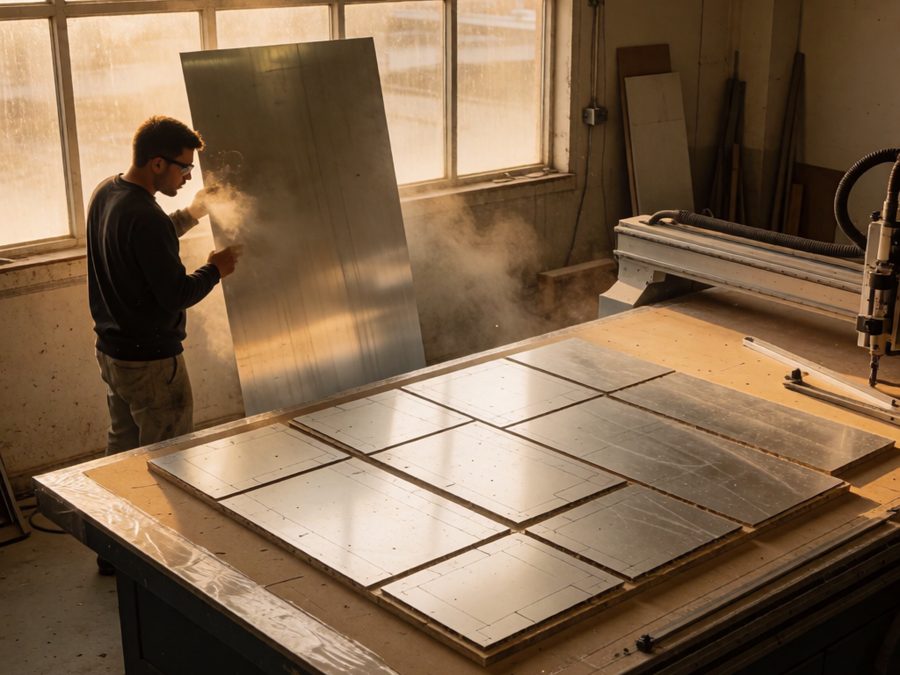 Aluminum panel fabrication shop preparing CNC-cut sheet material