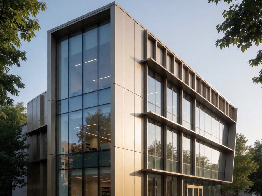 Metal panel cladding façade with sunshades on a commercial building