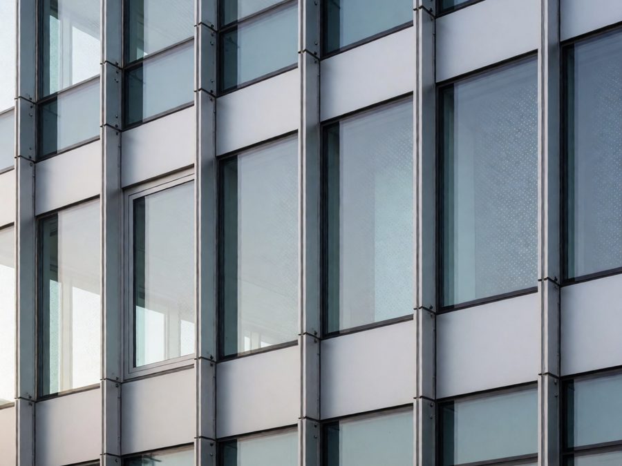Close-up of a curtain wall shadow box glazing assembly