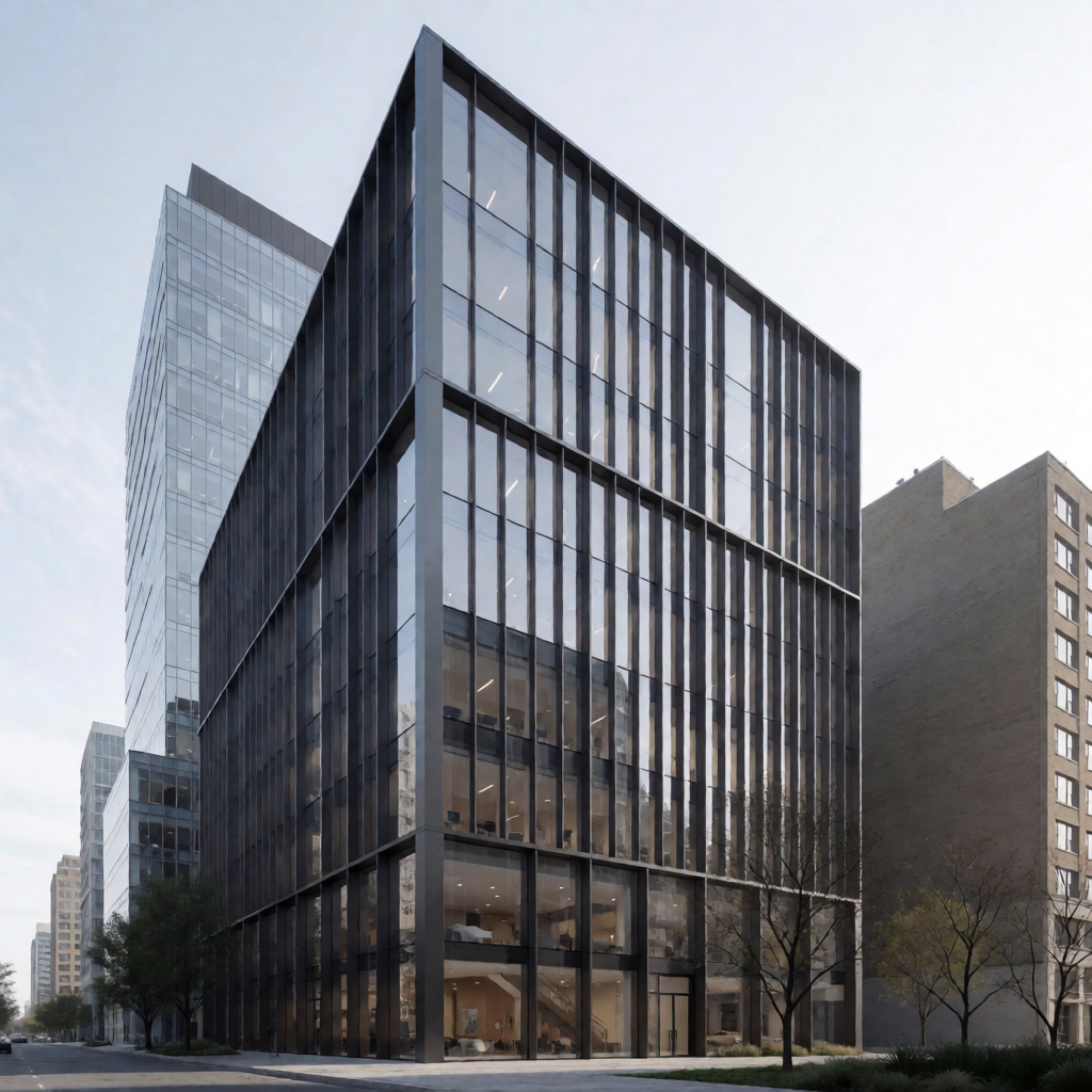 Dark steel-framed glass commercial tower, concept building