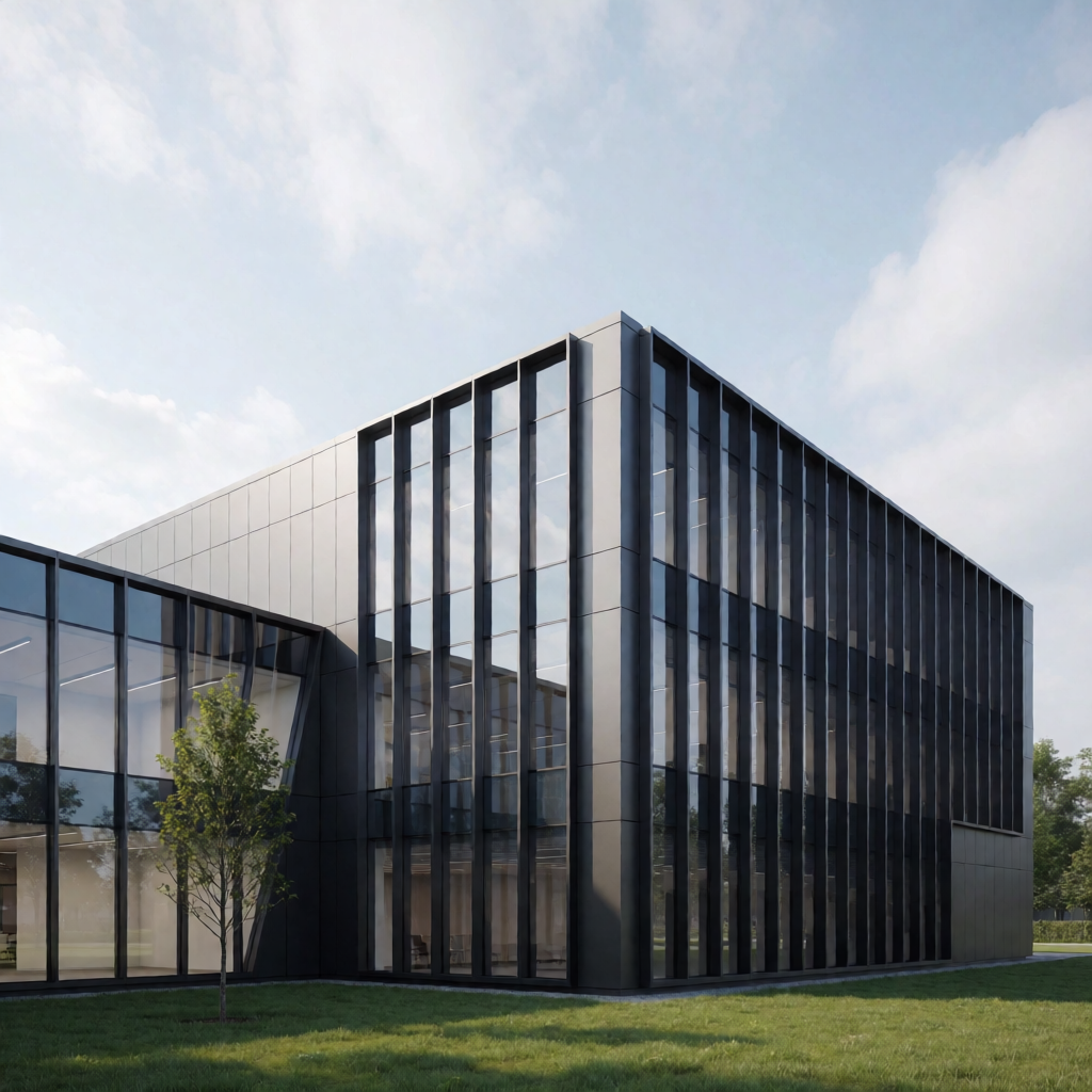 Dark fa&ccedil;ade building with vertical fin mullions and a glazed corner, concept building
